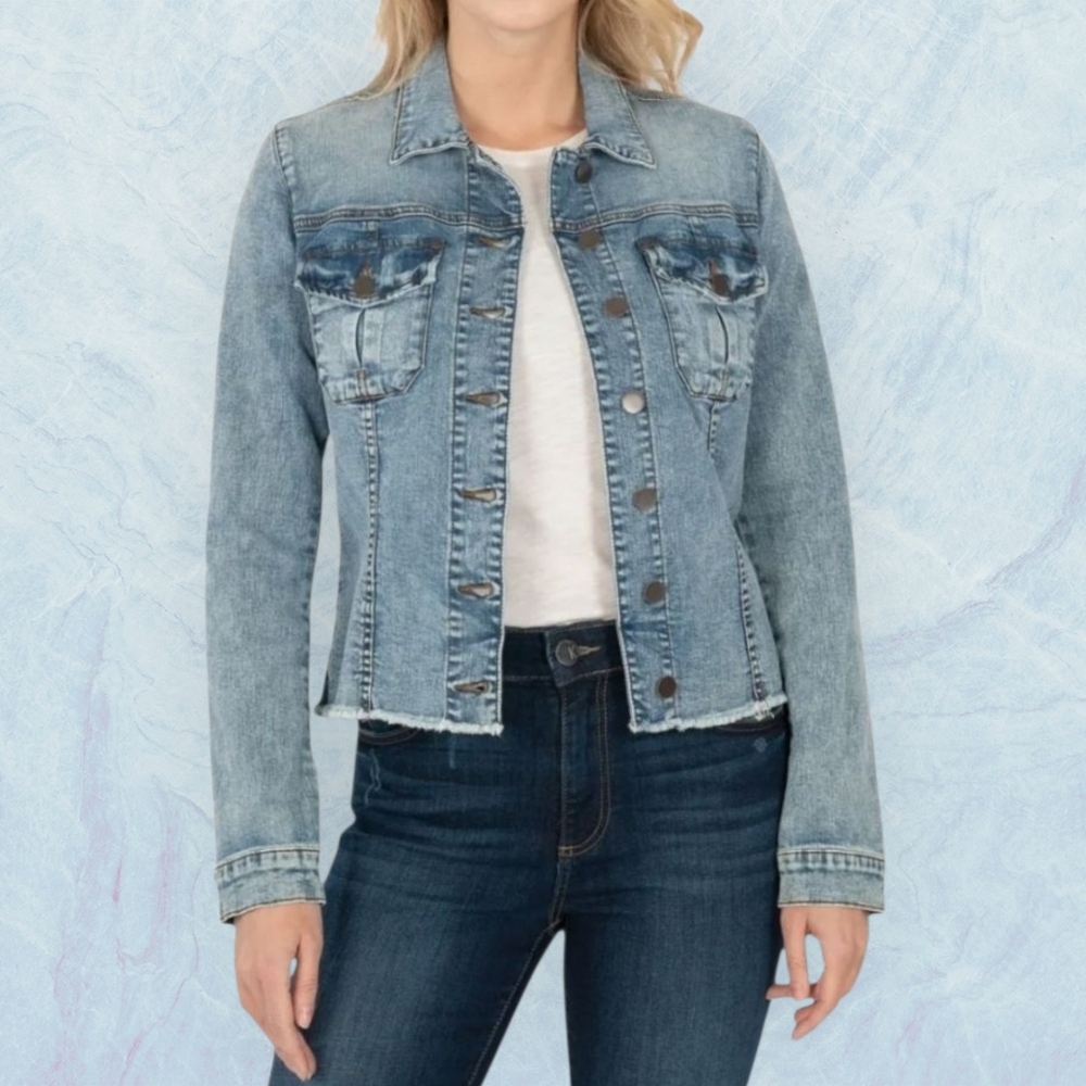 Kut From The Kloth Stretch Denim Size XS Jean Jacket Acid Wash Fray Hem Womens
